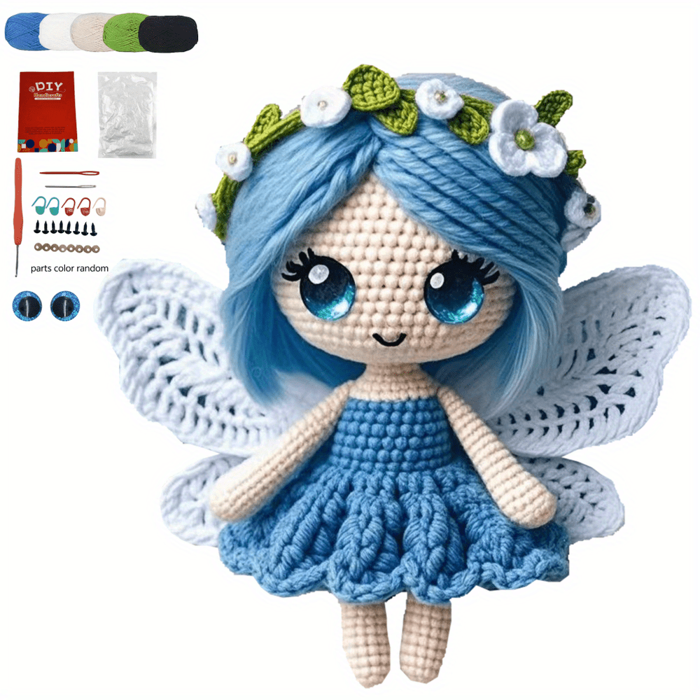 Butterfly Girl Crochet Doll Collection Doll Materials Kit, with green, blue, and pink dresses. Adorable princess Fleece toy sets, DIY crochet doll handmade gifts, very suitable for beginners.