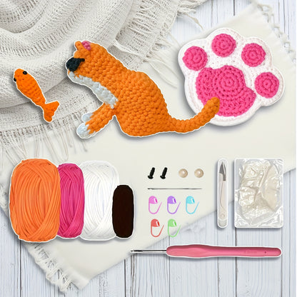 DIY Cat Crochet Starter Kits For Beginners Cat, Fish, Cat Paw Crochet Set Beginners Making Gifts, Coasters, Ornaments With Step-by-Step Video Tutorials Easy Amigurumi Crochet Kit