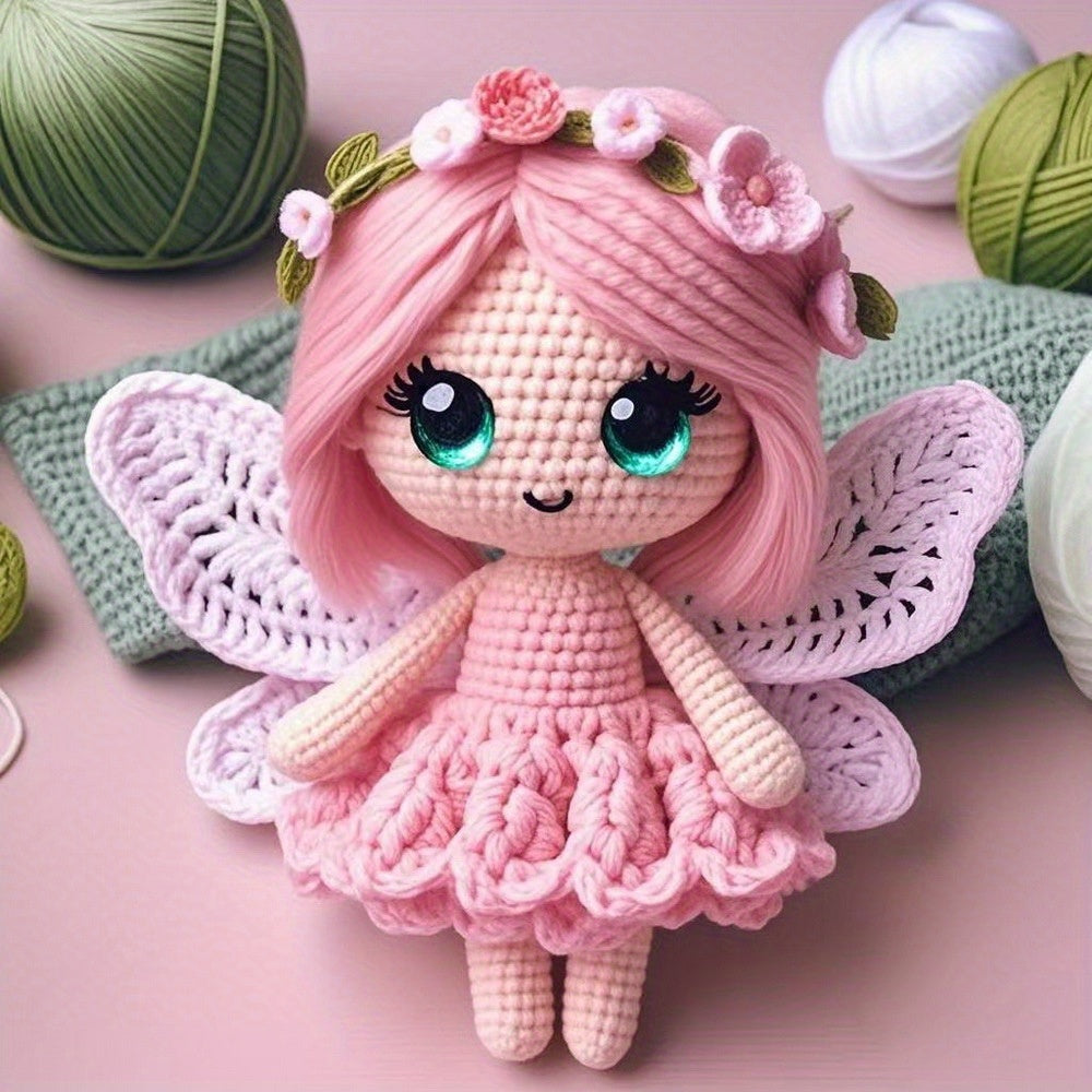 Butterfly Girl Crochet Doll Collection Doll Materials Kit, with green, blue, and pink dresses. Adorable princess Fleece toy sets, DIY crochet doll handmade gifts, very suitable for beginners.