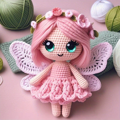 Butterfly Girl Crochet Doll Collection Doll Materials Kit, with green, blue, and pink dresses. Adorable princess Fleece toy sets, DIY crochet doll handmade gifts, very suitable for beginners.