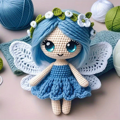Butterfly Girl Crochet Doll Collection Doll Materials Kit, with green, blue, and pink dresses. Adorable princess Fleece toy sets, DIY crochet doll handmade gifts, very suitable for beginners.