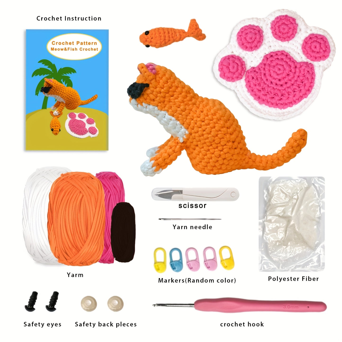 DIY Cat Crochet Starter Kits For Beginners Cat, Fish, Cat Paw Crochet Set Beginners Making Gifts, Coasters, Ornaments With Step-by-Step Video Tutorials Easy Amigurumi Crochet Kit