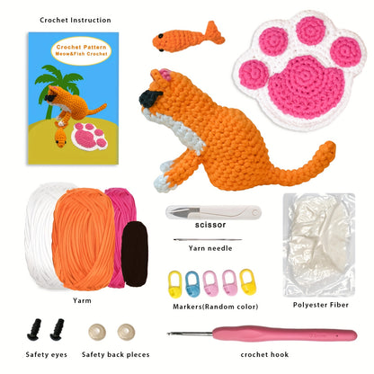 DIY Cat Crochet Starter Kits For Beginners Cat, Fish, Cat Paw Crochet Set Beginners Making Gifts, Coasters, Ornaments With Step-by-Step Video Tutorials Easy Amigurumi Crochet Kit