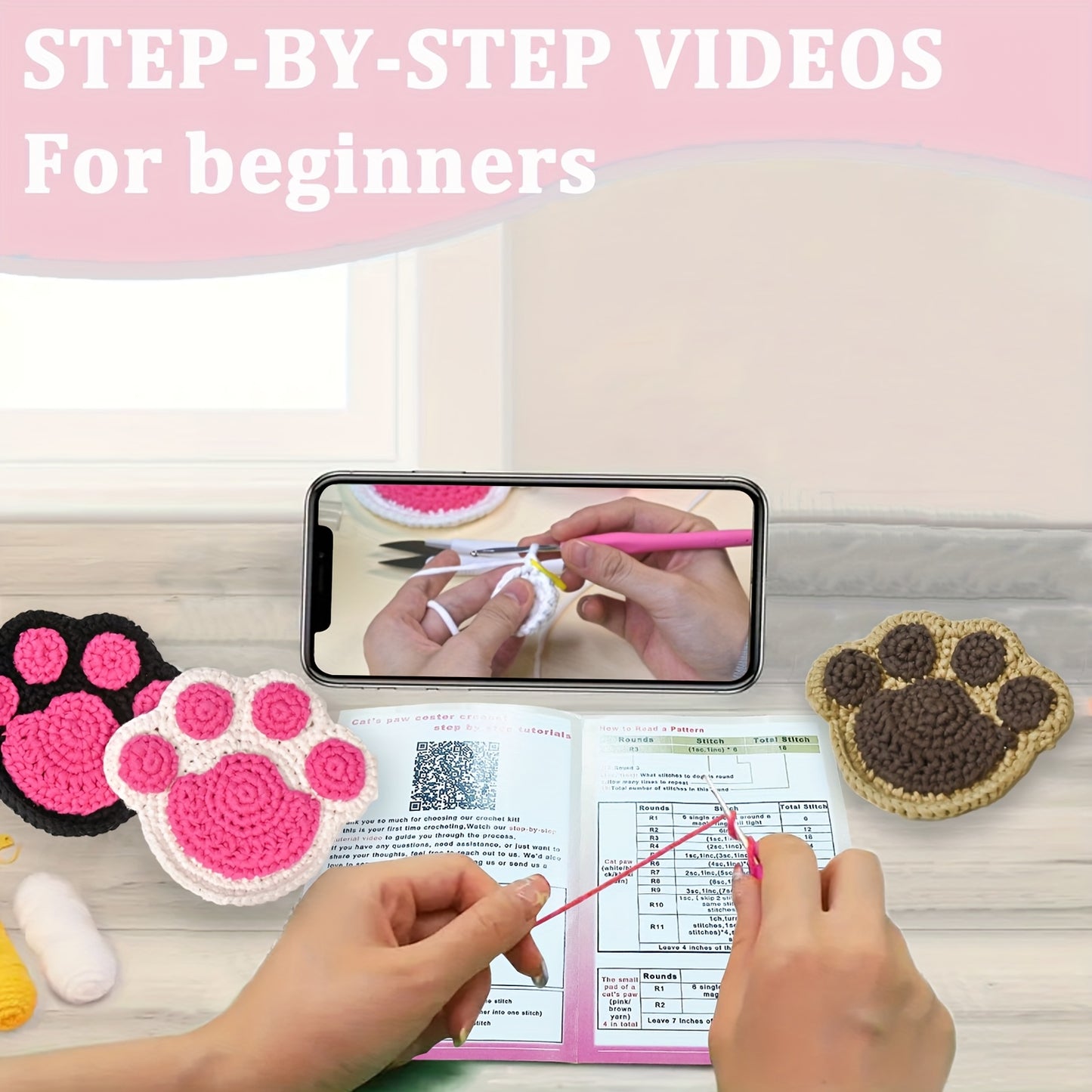 DIY Cat Crochet Starter Kits For Beginners Cat, Fish, Cat Paw Crochet Set Beginners Making Gifts, Coasters, Ornaments With Step-by-Step Video Tutorials Easy Amigurumi Crochet Kit