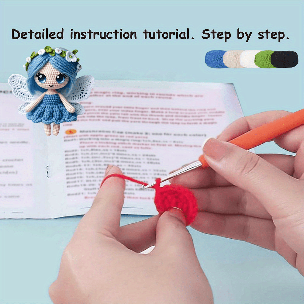 Butterfly Girl Crochet Doll Collection Doll Materials Kit, with green, blue, and pink dresses. Adorable princess Fleece toy sets, DIY crochet doll handmade gifts, very suitable for beginners.