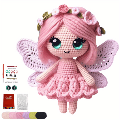 Butterfly Girl Crochet Doll Collection Doll Materials Kit, with green, blue, and pink dresses. Adorable princess Fleece toy sets, DIY crochet doll handmade gifts, very suitable for beginners.