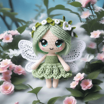 Butterfly Girl Crochet Doll Collection Doll Materials Kit, with green, blue, and pink dresses. Adorable princess Fleece toy sets, DIY crochet doll handmade gifts, very suitable for beginners.