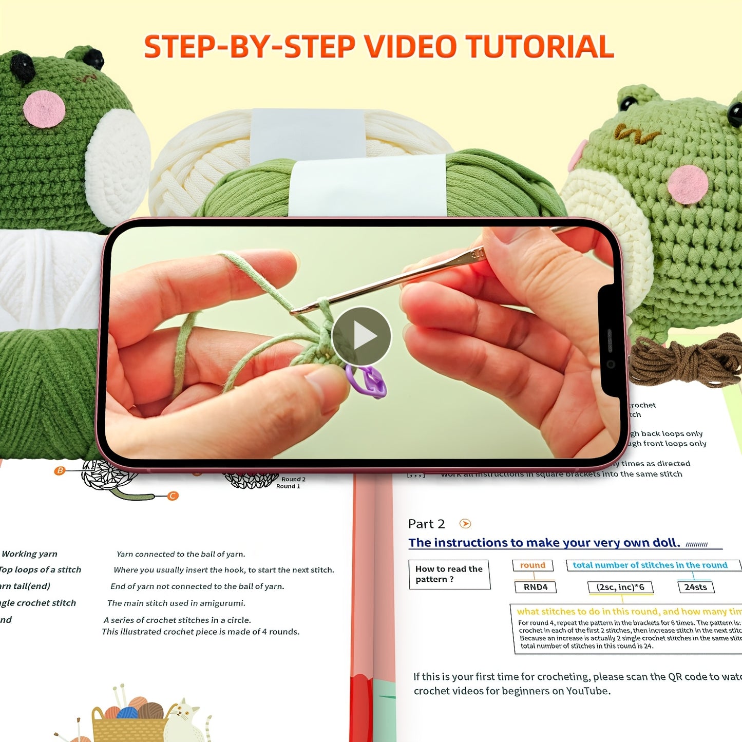 The New Crochet Material Pack Includes An English Instruction Manual, An Adult Beginner's Crochet Yarn Kit, A DIY Beginner's Frog Knitting Craft, And A Frog Doll Crochet Material Pack with A DIY School Bag Keychain And Mobile Phone Charm.