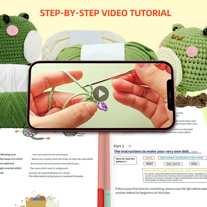 The New Crochet Material Pack Includes An English Instruction Manual, An Adult Beginner's Crochet Yarn Kit, A DIY Beginner's Frog Knitting Craft, And A Frog Doll Crochet Material Pack with A DIY School Bag Keychain And Mobile Phone Charm.