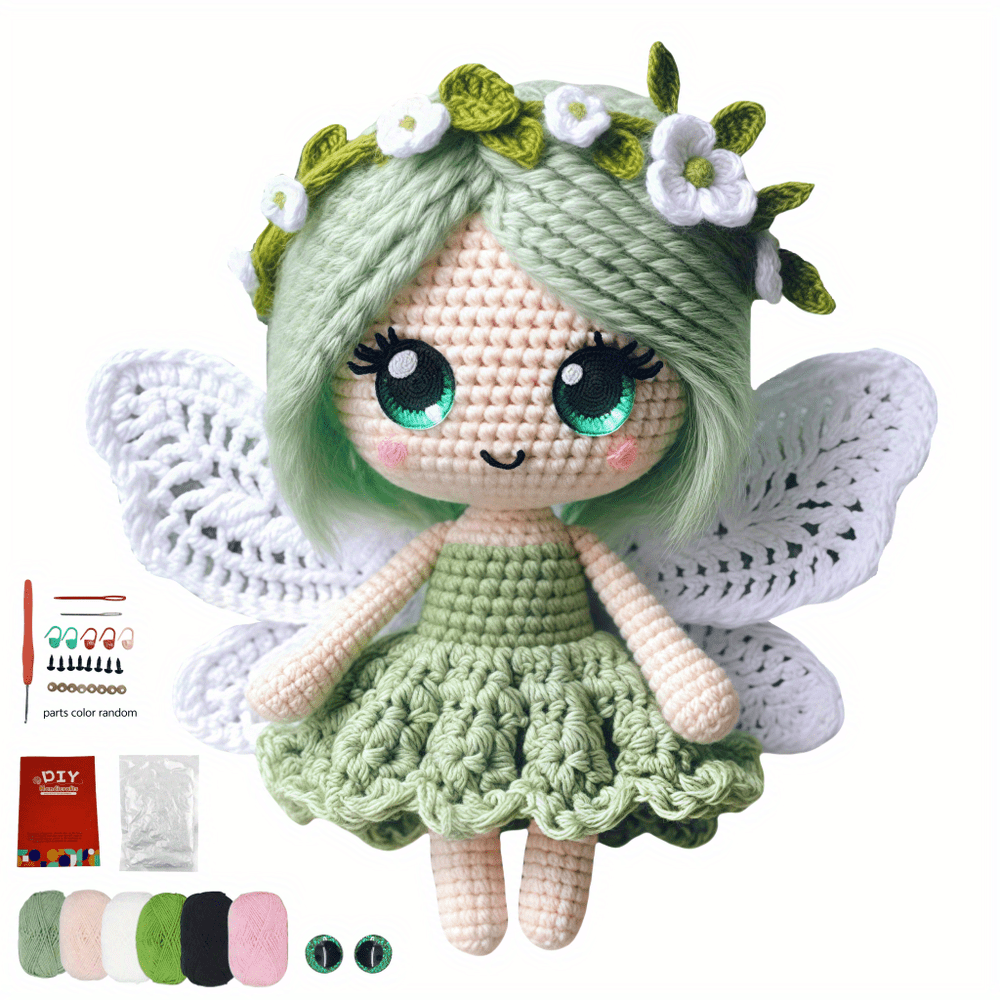 Butterfly Girl Crochet Doll Collection Doll Materials Kit, with green, blue, and pink dresses. Adorable princess Fleece toy sets, DIY crochet doll handmade gifts, very suitable for beginners.