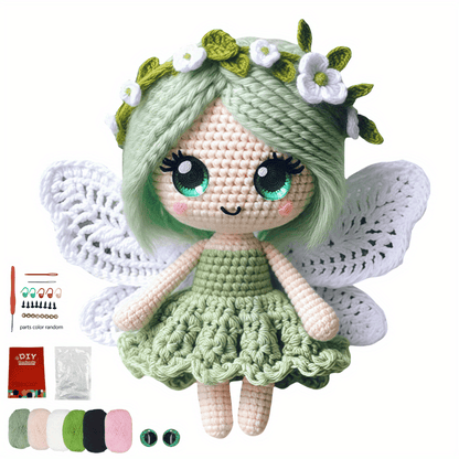 Butterfly Girl Crochet Doll Collection Doll Materials Kit, with green, blue, and pink dresses. Adorable princess Fleece toy sets, DIY crochet doll handmade gifts, very suitable for beginners.